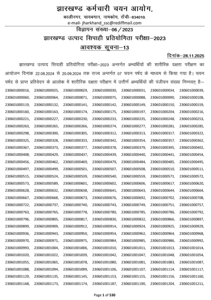 Jharkhand Utpad Sipahi Running List